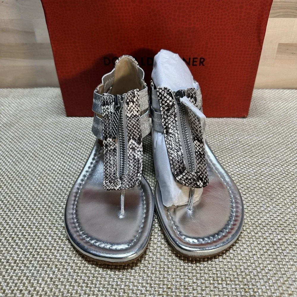 Donald J Pliner NIB Dori Embossed Leather Cork‎ Wedge Thong 6.5 Silver Snakeskin